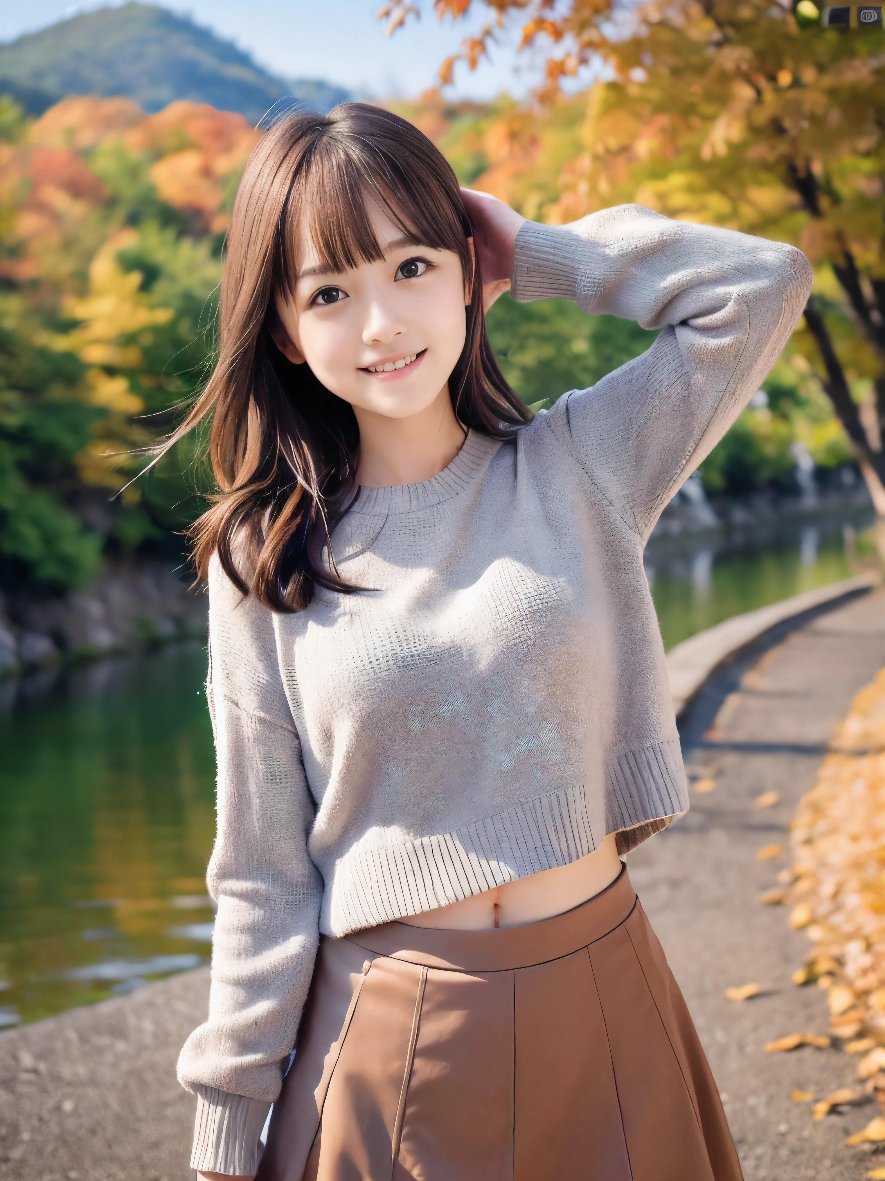 (Close up face shot of one slender small breasts red brown wavy long hair with dull bangs girl in a autumn fashion shirt and sweater and skirt:1.5)、(One girl is dancing with happy smile on the dart road near the lake and big waterfall in Japan:1.5)、(Beautiful autumn red leaves landscape:1.5)、(Natural light:1.5)、(8k ultra detailed master piece:1.5)、(perfect anatomy:1.5)、(Photorealistic stick:1.5)、(Raw photo:1.3)、(highest quality:1.5)、(High resolution:1.3)、(Delicate and beautiful perfect face:1.3)、(Delicate and beautiful eye air skin:1.3)、(Real Human Skin:1.3)、((thin legs))