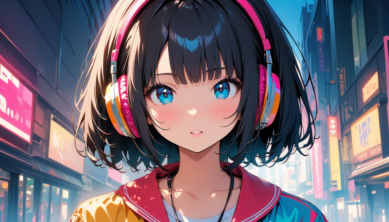 (Highest quality:1.2, City Pop Style, Very detailed, Latest, Vibrant, High Contrast, masterpiece:1.2, Highest quality, Best aesthetics), girl, ((Face Up Shot:1.4)), Colorful Hair, Bobcut, pastel colour, 1980s style, ((Retro, Vintage, Plain background))( Headphones)