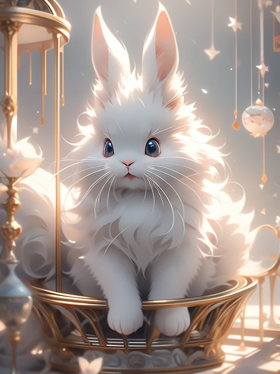 A white rabbit is sitting on a cat tree。, soft and fluffy, Gray Hair, Great Features, fluffy face, Large anthropomorphized, fluffy!!!, Beautiful rabbit, fluffyした!!!, fluffy rabbit, Amazing rabbit, Silver-haired madman, Serious expression, outrageously fluffy, Beautiful photo of a rabbit