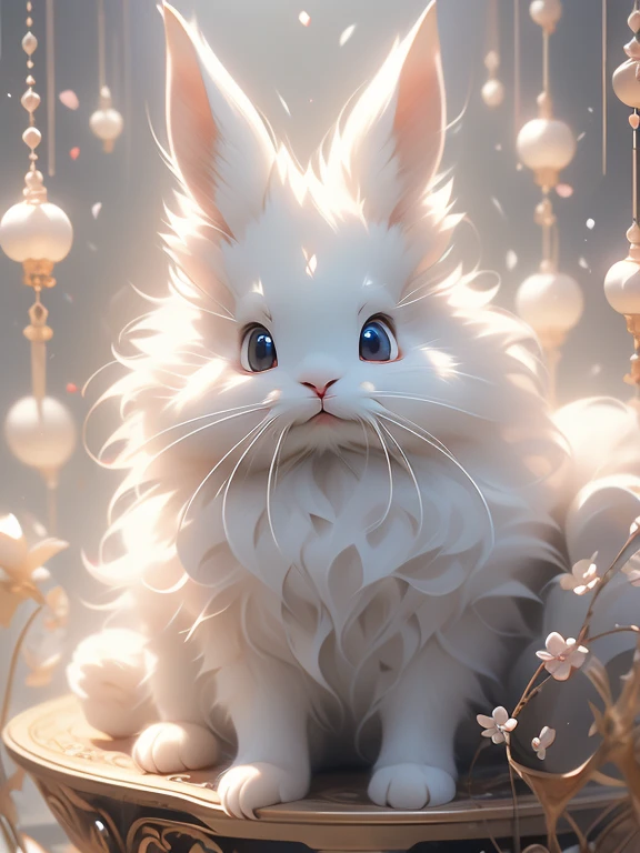 A white rabbit is sitting on a cat tree。, soft and fluffy, Gray Hair, Great Features, fluffy face, Large anthropomorphized, fluffy!!!, Beautiful rabbit, fluffyした!!!, fluffy rabbit, Amazing rabbit, Silver-haired madman, Serious expression, outrageously fluffy, Beautiful photo of a rabbit