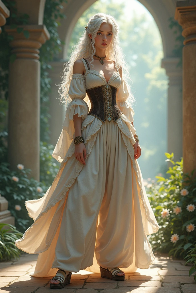 A 1.5 meters tall girl in her 20s wearing: wide knee-lenght breeches, a widesleeveless chemise under a corset, sandals with wedges and a ribbon on top and a long white curly wig