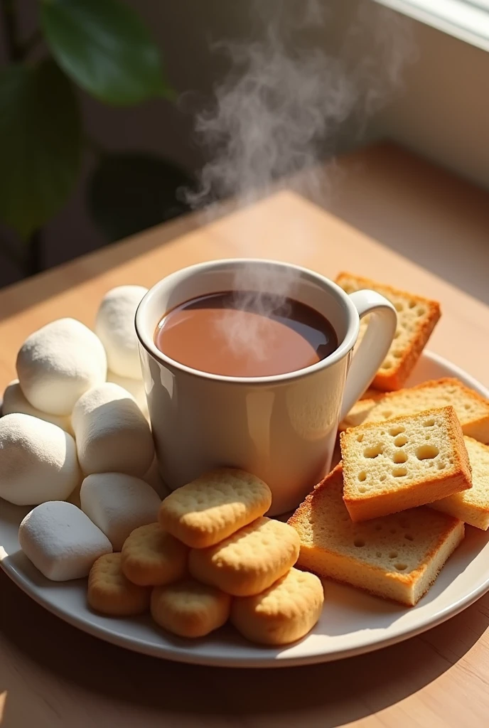 Imagine a plate divided into three sections.
1. **First Section**: Filled with fluffy marshmallows.
2. **Second Section**: Filled with crispy biscuit sticks.
3. **Third Section**: Filled with slices of bread.
In the center of the plate, there's a cup of hot chocolate, steam gently rising from it, adding a cozy touch to the arrangement.