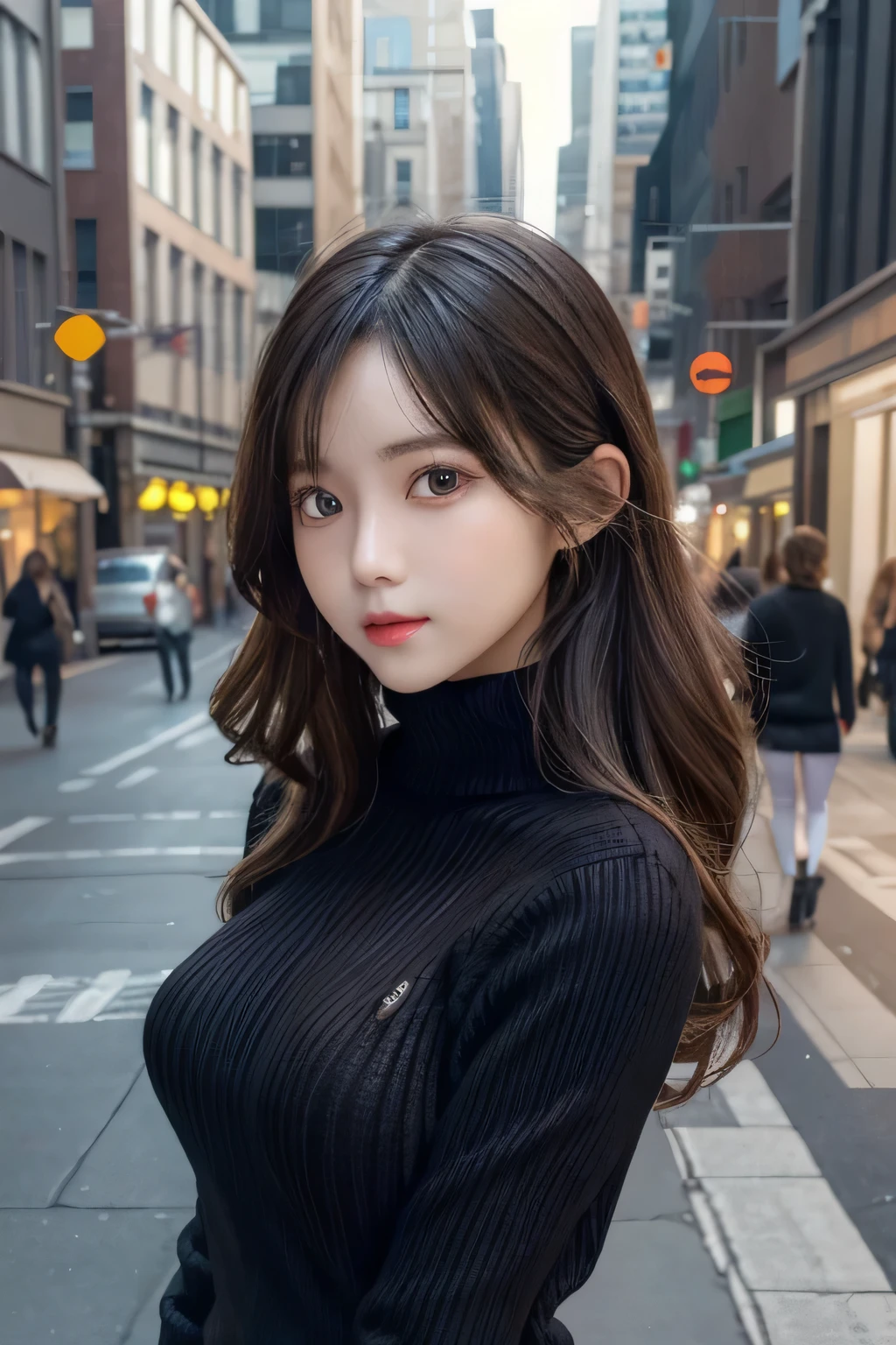 1girl, etv1,best quality,HDR,UHD,8K,realistic,upper body,facing_viewer,Middle Breasts, Slim Body,(black knit sweater:1.2), city,