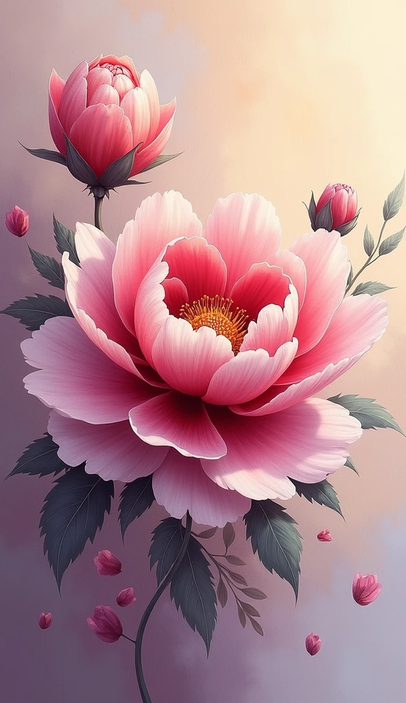 flower, Peony ,in the style of light red and white in the center, dreamy and romantic compositions, pale yellow, ethereal foliage, playful arrangements,fantasy, high contrast, ink strokes, explosions, over exposure, purple and red tone impression , abstract, ((oil painting )) brush strokes, negative space