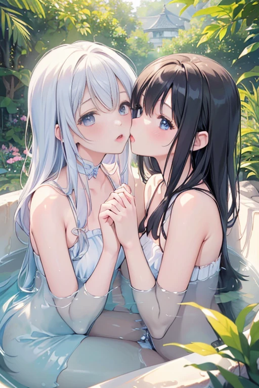 (8 (8k, Highest quality, masterpiece:1.2),cute,cute女の子たち,Couple girls,2 people，お腹にkissをする，mesugaki,Fantasy_world,kiss,Open-air bath，Touching each other&#39;s breasts，Gentle caress，Heavy breathing，White liquid splashed on face，お腹にディープkiss，starry skies，night