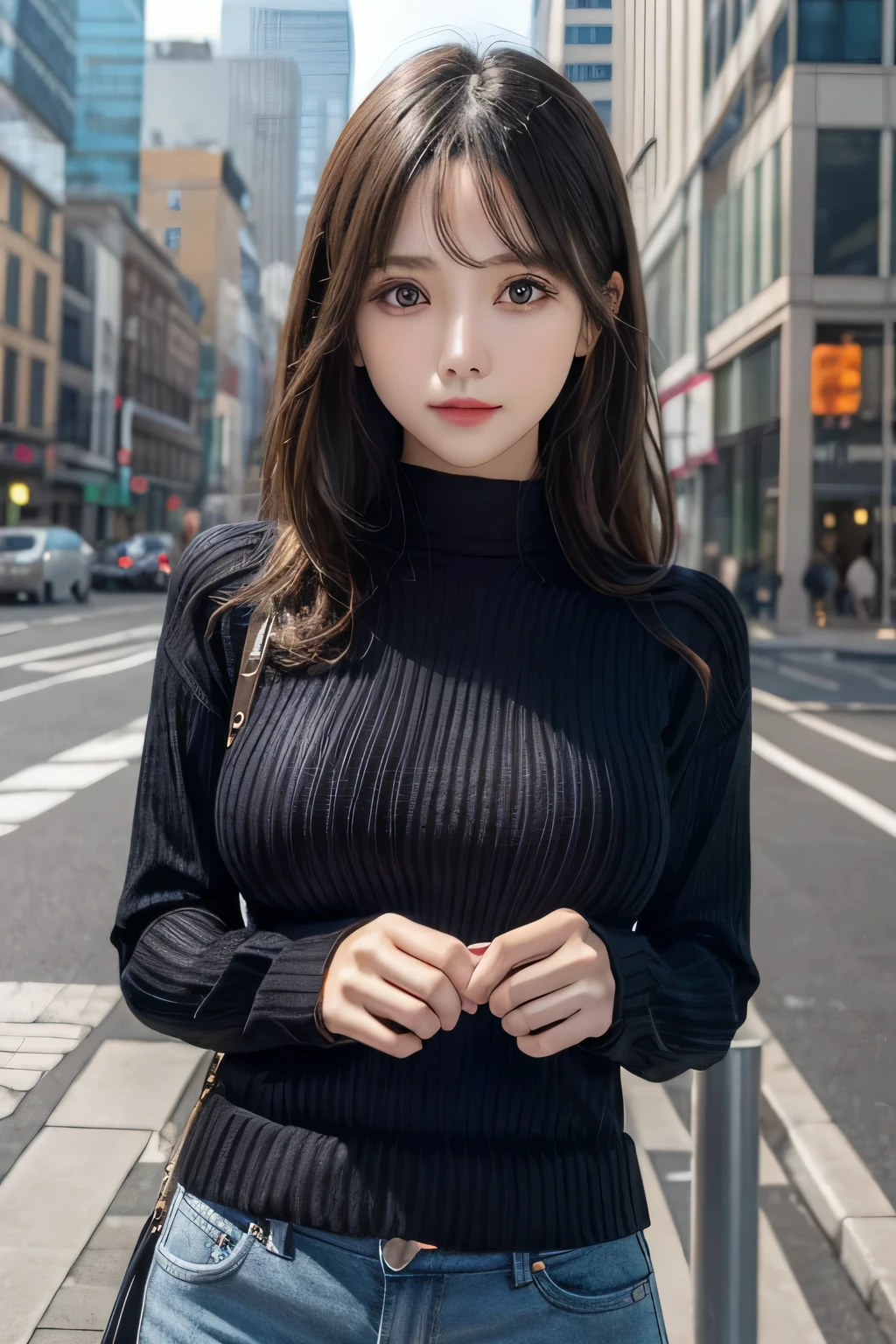 1girl, etv1,best quality,HDR,UHD,8K,realistic,upper body,facing_viewer,Middle Breasts, Slim Body,(black knit sweater:1.2), city,