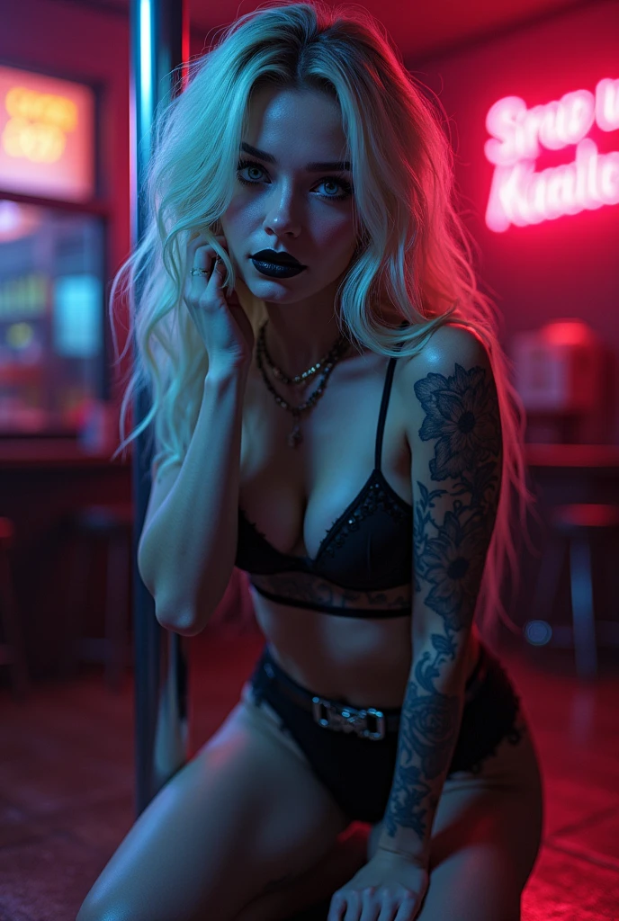 beautiful girl with a very long platinum  blonde hair , blue streaks, green streaks blue eyes, lashes, big glossy lips, highlight and blush on her face,tattoos,piece, black eyeshadow,  black lipstick, wearing ????? Strapped Triangle Three-Piece Lingerie Set , keeling on dance pole  , ?????????? background 