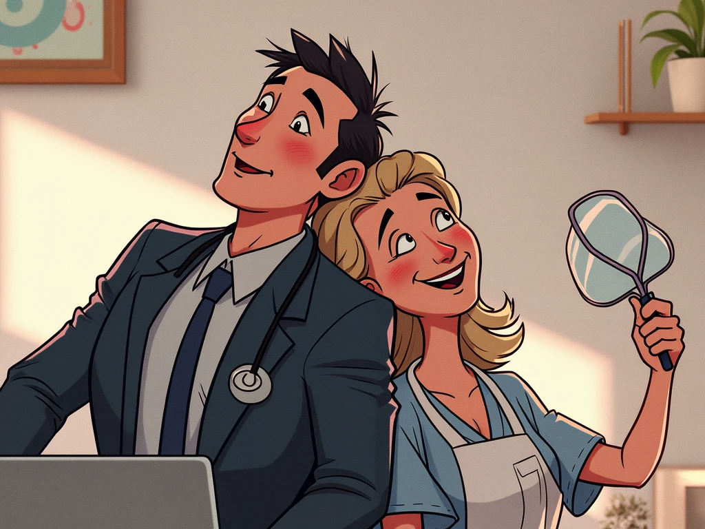 Woman in doctors apron holding a mouth mirror with man in formals without apron without mouth mirror using a laptop leaning back on each other in white background animated
