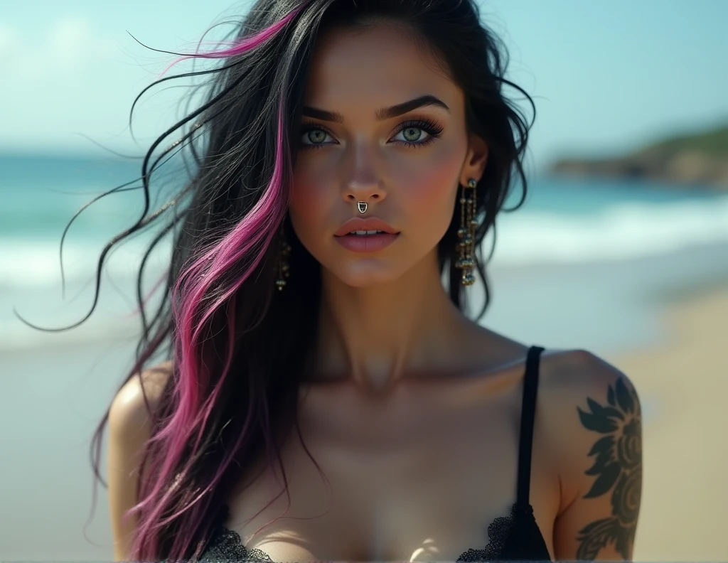 delicate woman, model face,diamond shape, grey-blue eyes, black shadow, seductive look, long black hair with pink and white highlights, SEPTUM,earrings, tattooed in the background of the beach in underwear