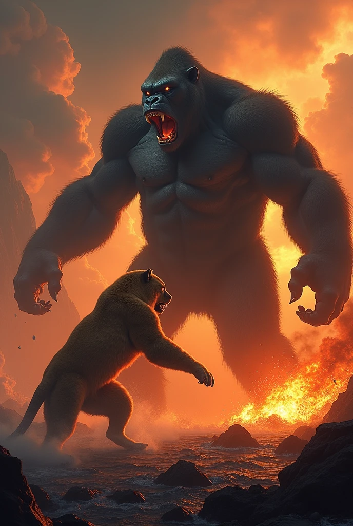 Big Cat vs King Kong,The background is a sea of volcanic eruptions.,Brutal cat,