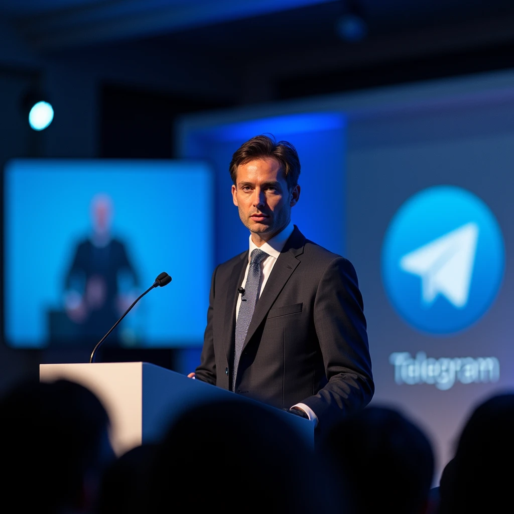 A professional photo of Pavel Durov speaking at a public event or conference, with a focus on his image and the setting.