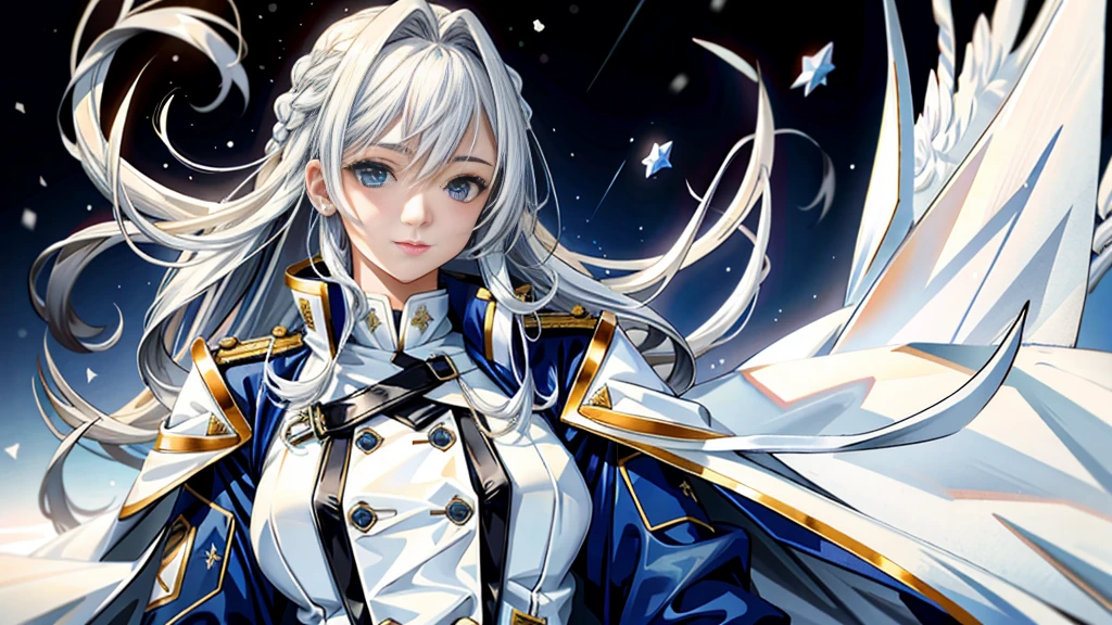 (highest resolution, distinct_image), realistic, Best quality, single person, one girl, solo, masterpiece, highly detailed, realistic, long hair, braided white blond hair, (blue military uniform underneath the coat), depth of field, (falling snow), ((big breasts)), authoritative, dignified, calm and powerful expression, ambient lighting, exquisite facial feature, (fur-trimmed white coat), open coat, short skirt, looking at viewer, head to waist, dynamic angle, light smile, ((from front)), ((quiet and spacious plaza in background))
