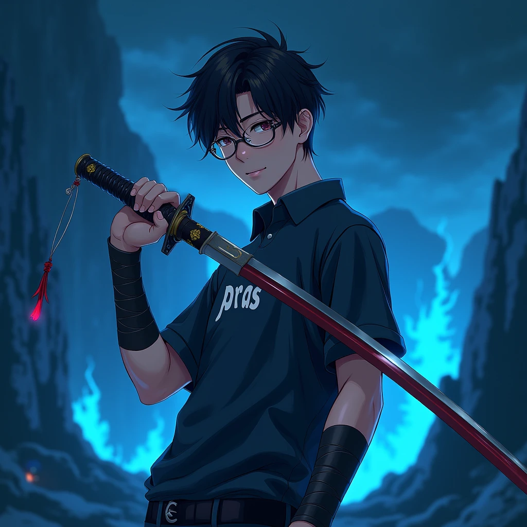 Create a character anime, {{background: text: “GLBK”, darkness vulcano blue}},
realistic, HDR, use glasses, handsome, korean style, full body, use katana, age 20, shirt HD text: “PRAS”