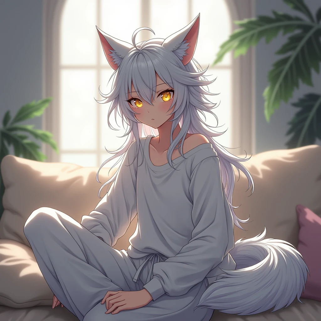 Anime, Demi-Human, Wolf, Long silver hair is a little messy, Gold eyes, white skin, wolf ears, Silver wolf tail, baggy shirt and pants, sit on the couch, 25 years