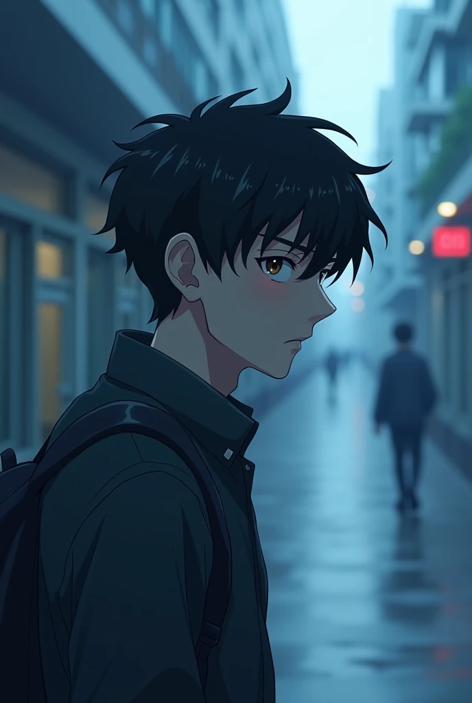 has short, messy black hair that tends to fall over his sharp, dark brown eyes, thoughtful look. His skin is fair, and he's of average height for 30 yrs old, with a lean build that suggests the awkwardness of adolescence, anime style, school atmosphere,blue palette, full body look, long distant shot school environment, side view, main character, tense situation,