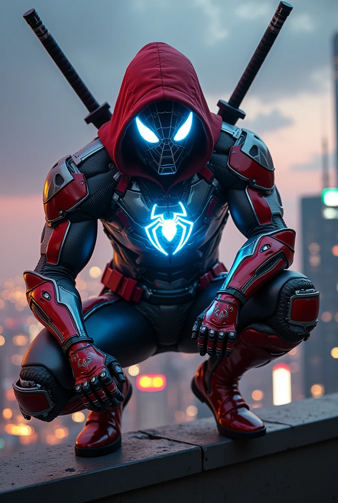 "A futuristic superhero crouching on a ledge, overlooking a nighttime cityscape filled with tall skyscrapers. The hero wears a highly detailed, armored suit that combines vibrant red and metallic silver, accented with glowing blue highlights, particularly around a bright, illuminated spider emblem on the chest. The suit features advanced tech elements, such as mechanical joints, integrated weaponry, and reinforced armor plates. The hero’s mask is designed with glowing blue eyes, and he wears a hood that adds a mysterious, tactical appearance. Strapped across his back are dual katanas, suggesting a warrior-like persona. The city in the background is lit with a mix of warm and cool tones, creating a dynamic and dramatic atmosphere under the cloudy night sky. Every element of the image is rendered with ultra-high detail, from the texture of the suit to the reflections in the hero's armor and the intricate city lights below."
