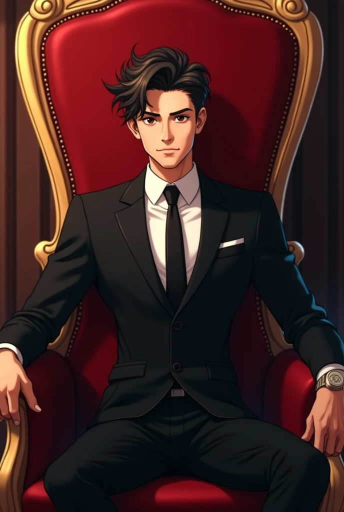 Handosome semi animated 25 yearsold man sitting in the red royal chair wearing a black suit.