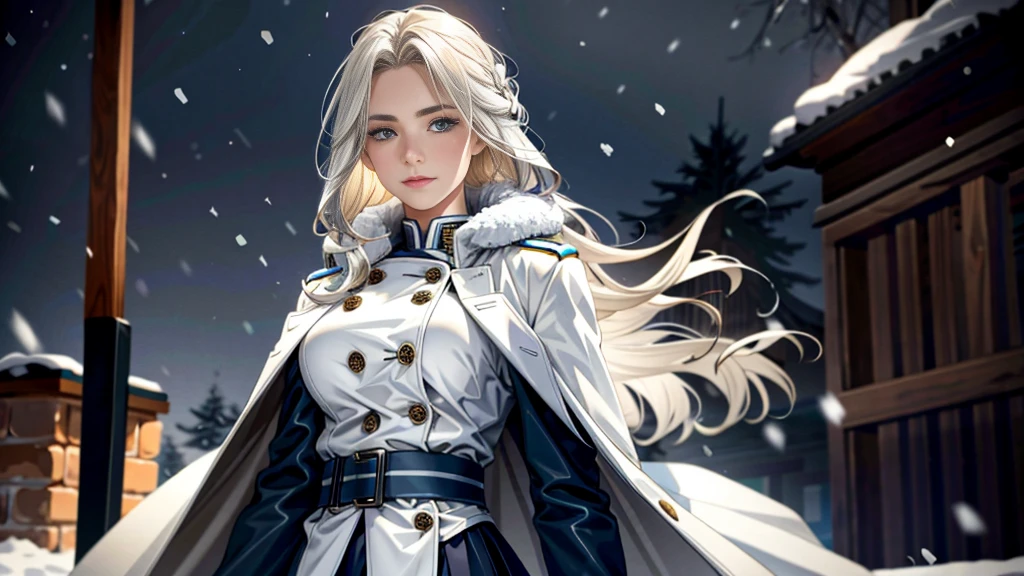(highest resolution, distinct_image), realistic, Best quality, single person, one girl, solo, masterpiece, highly detailed, realistic, long hair, braided white blond hair, (blue military uniform underneath the coat), depth of field, (falling snow), ((big breasts)), authoritative, dignified, calm and powerful expression, ambient lighting, exquisite facial feature, (fur-trimmed white coat), open coat, short skirt, looking at viewer, head to waist, dynamic angle, light smile, ((from front)), ((quiet and spacious plaza in background))