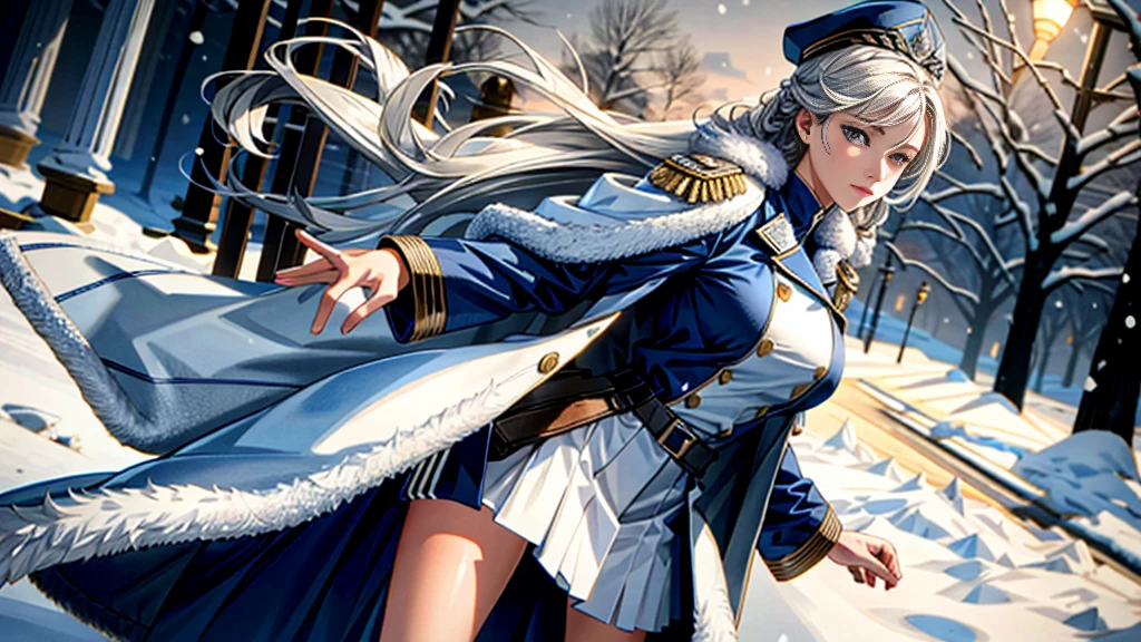 (highest resolution, distinct_image), realistic, Best quality, single person, one girl, solo, masterpiece, highly detailed, realistic, long hair, braided white blond hair, (blue military uniform underneath the coat), depth of field, (falling snow), ((big breasts)), authoritative, dignified, calm and powerful expression, ambient lighting, exquisite facial feature, (fur-trimmed white coat), open coat, short skirt, looking at viewer, head to waist, dynamic angle, light smile, ((from front)), ((quiet and spacious plaza in background))