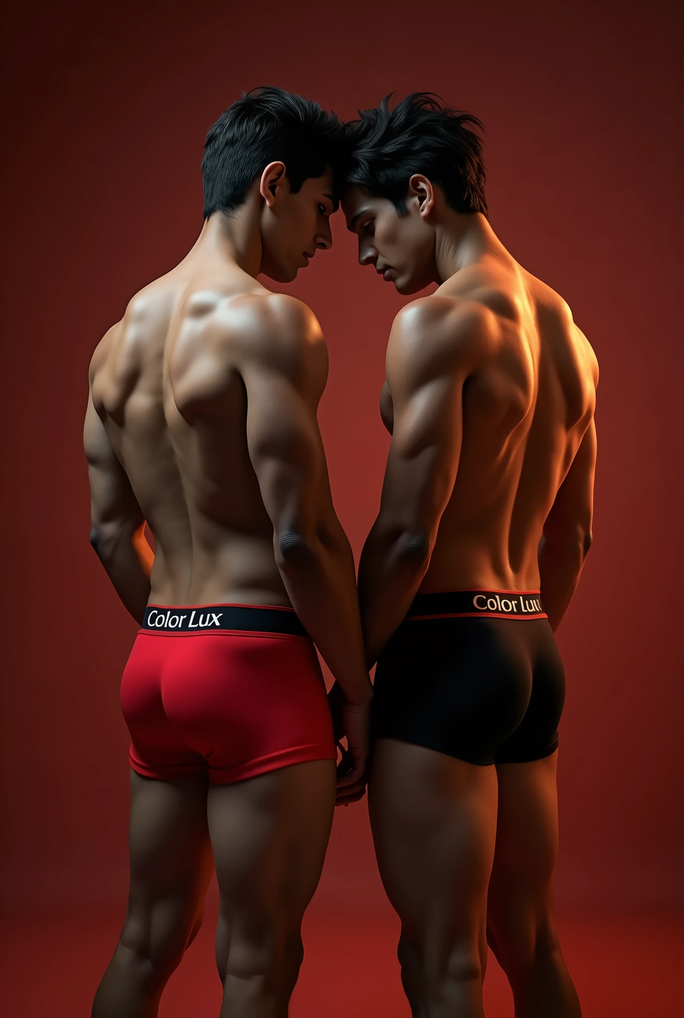 a 2 indian boy,male,black and red underwear,color lux classic company trunk underwear,one boy friend in same clothes,trunk underwear only,photorealistic,8k,highly detailed,hyperrealistic,cinematic lighting,chiaroscuro lighting,dramatic lighting,warm color palette,natural skin tones,muscular body,studio setting small trunk underwear