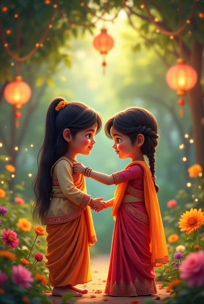 Magical gardens decorated with twinkling lights and colorful lanterns,Sets the mood for a heartwarming moment between an Indian brother and sister。. Sister gently ties the ragi on her brother,, Warm lights shining,Add a bit of dreamy atmosphere.