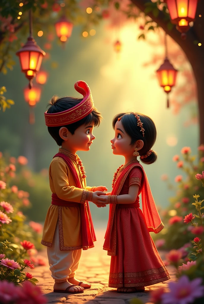 Magical gardens decorated with twinkling lights and colorful lanterns，Sets the mood for a heartwarming moment between an Indian brother and sister。. Sister gently ties the ragi on her brother，, Warm lights shining，Add a bit of dreamy atmosphere.