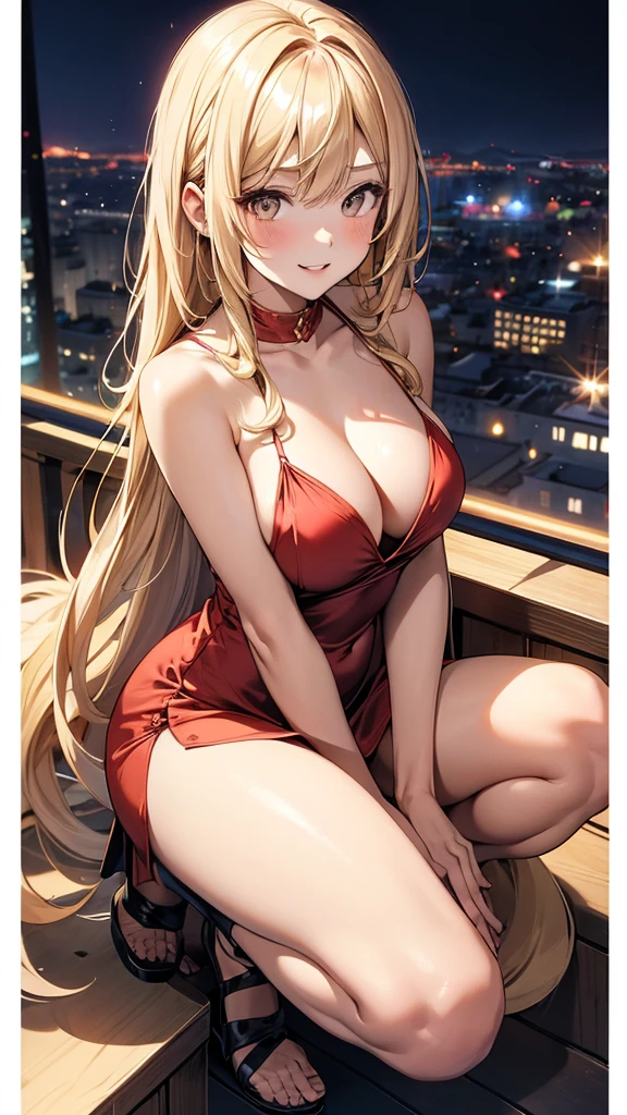 1girl, solo, bangs, long blonde hair, parted lips, medium breast, gold eyes, long hair, smile, solo, Women's red Satin Sleeveless Spaghetti Strap Mini Dress Sexy Slip Cowl Neck Silky Cocktail Party Dress, squatting on the balcony, midnight cityscape background, 