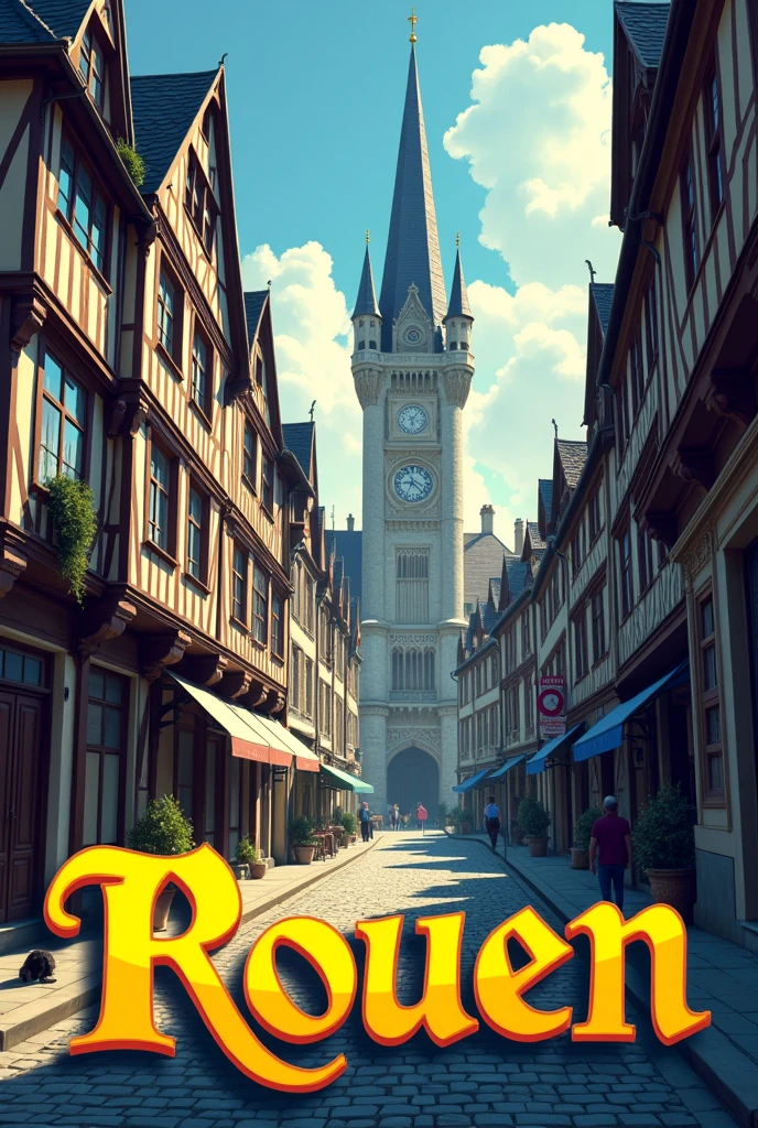 Image illustration of the rue du gros horloge in the city of Rouen in the background and an inscription "ROUEN" in yellow and black in the foreground