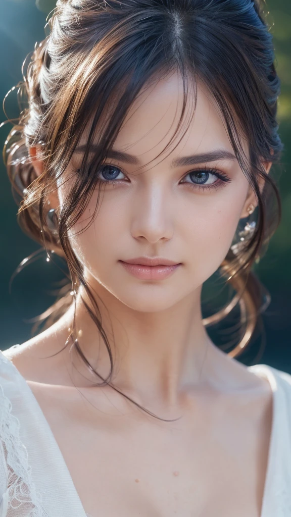 1girl, extremely detailed eyes and face, beautiful detailed eyes, beautiful detailed lips, longeyeLashes, realistic skin, wet hair, messy hair, realistic fabric, deep dark eyes, graceful face, looking at viewer, movie-like style, cinematic, detailed hair strands, perfect makeup, light and shadow effects, chiaroscuro, clear blue sky background, ponytail, realistic lighting, high quality, smile, bikini, full body, (best quality,4k,8k,highres,masterpiece:1.2),ultra-detailed,(realistic,photorealistic,photo-realistic:1.37),HDR,UHD,studio lighting,ultra-fine painting,sharp focus,physically-based rendering,extreme detail description,professional,vivid colors,bokeh