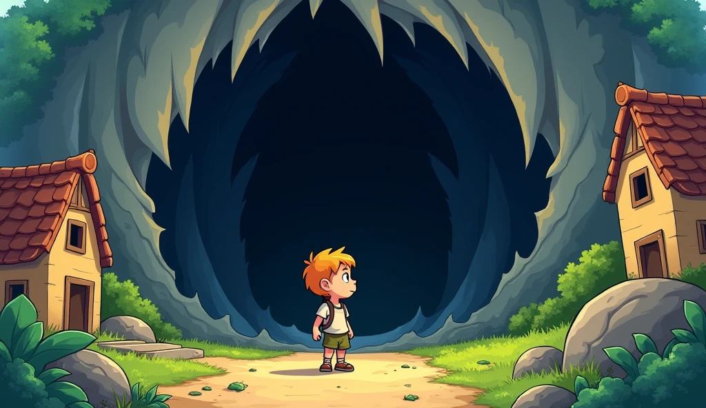 A younger boy in the village, who always dreamed big is infornt of the horror cave in village wanted to know more about the cave cartoon pic