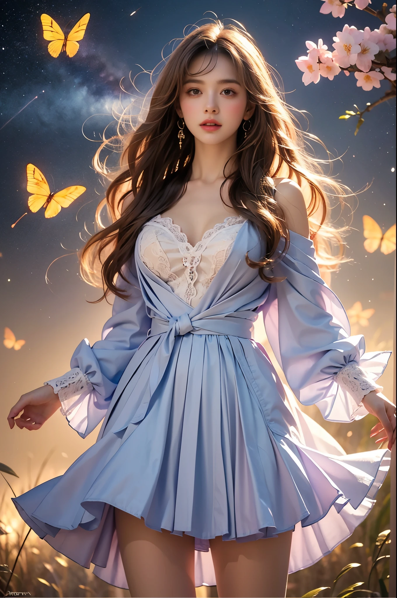  Elegant posture, She gently lifted her skirt with one hand,头发周围有白色的Butterfly兰，Lilac dendrobium、White Lily, Long legs , Deep in Wonderland, ((Flowing long hair))Official Art , Unity8k Wallpaper , Extremely detailed , Visible cleavage, Pretty and beautiful , 性感Long legs, masterpiece , best quality ,Practical, Very detailed illustrations ,Extremely detailed , Intricate details , Extremely complex and detailed , Very detailed 8KCG wallpaper , Caustics .reflection , Ray Tracing , Devil theme ,nebula ,Dark aura, Network Effects , (1 girl)solitary , 小蓝Butterfly , (Blue plasma flame , (insect , Butterfly)) Pastel tones in Rococo style ,Light white and light dark red , Incredibly beautiful , Cherry blossoms , Surrealism ,painting , Ethereal , Mixing reality and fantasy elements ,Ray Tracing , Complex Mode , Exquisite lines , Perfect your hands, Starry Sky , Colorful , Star