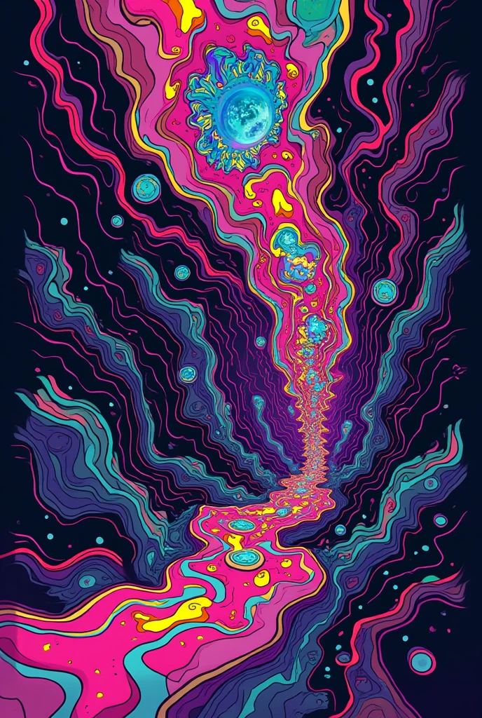 Make me a psychedelic doodle drawing with neon colors inspired by enter the void movie