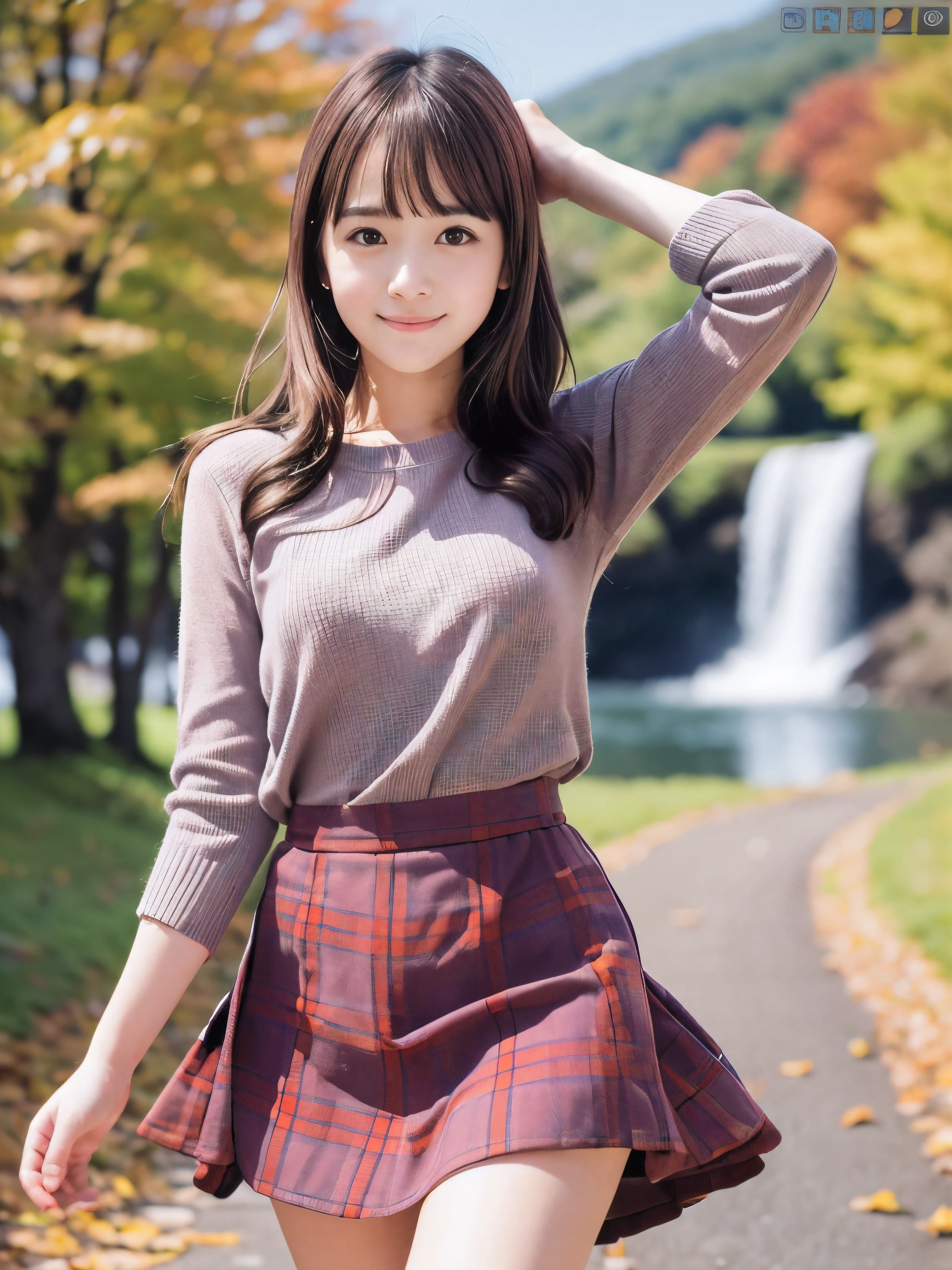 (Close up face shot of one slender small breasts red brown wavy long hair with dull bangs girl in a autumn fashion shirt and sweater and skirt:1.5)、(One girl is dancing with happy smile on the dart road near the lake and big waterfall in Japan:1.5)、(Beautiful autumn red leaves landscape:1.5)、(Natural light:1.5)、(8k ultra detailed master piece:1.5)、(perfect anatomy:1.5)、(Photorealistic stick:1.5)、(Raw photo:1.3)、(highest quality:1.5)、(High resolution:1.3)、(Delicate and beautiful perfect face:1.3)、(Delicate and beautiful eye air skin:1.3)、(Real Human Skin:1.3)、((thin legs))