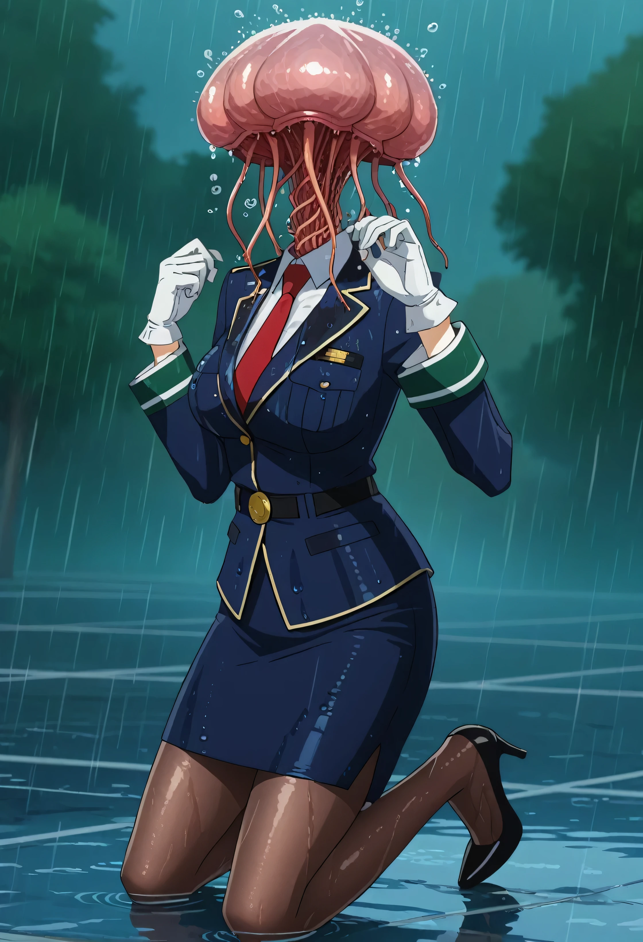 score_7_up, anime screencap,
1girl, solo, 
HarukaUniform, blue jacket, white shirt, red necktie, green armband, white gloves, pencil skirt, blue skirt, brown pantyhose, long sleeves, shiny clothing, thigh gap, cowboy shot, high heels, glossy clothing, drenched, soaked through
outside, raining, soaked, wet, wet clothing, pinup pose, sexy, water droplets, front side view, kneeling, struggling, hands trying to pull parasite off head, hands reaching up to head, panicking, off balance, suffocating, 1 girl, neaparasite, neasex, glowing, monster, headless