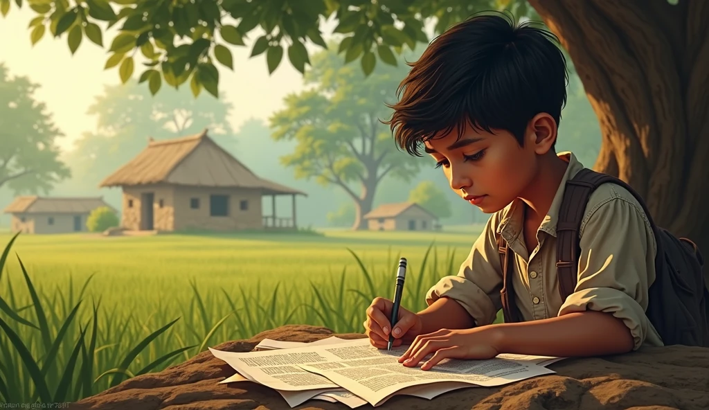 একটি প্রেরণাদায়ক গল্পের দৃশ্যাবলী চিত্রিত করুন যেখানে একজন গরিব ছেলে রাহুল, গ্রামীণ পরিবেশে, পুরনো কাগজের টুকরোতে লেখার চেষ্টা করছে।