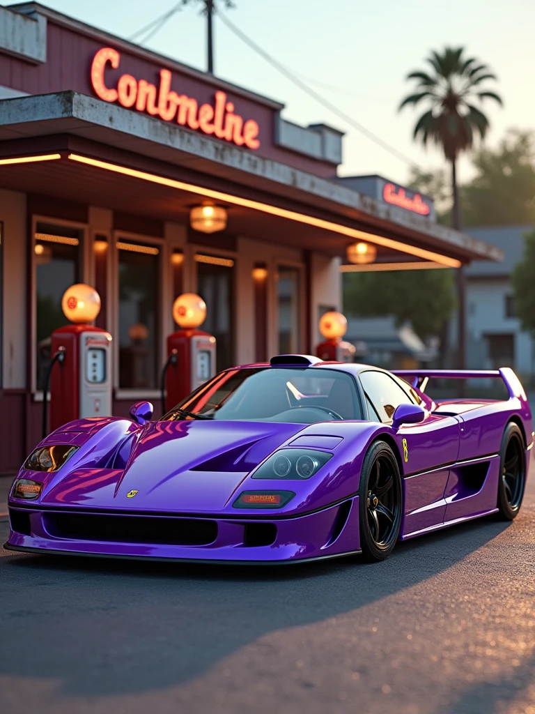 Fusion of purple lamborghini and Ferrari F-40 classic parked in front of a gas station, highly detailed hyper real retro, vehicle photography, car photography, automotive photography, octane ray tracing, photo realistic octane render, auto photography, detailed cinematic photography, classic cars, lamborghini diablo, Ferrari F-40,noctane cgsociety, wide body, photo, vibrant