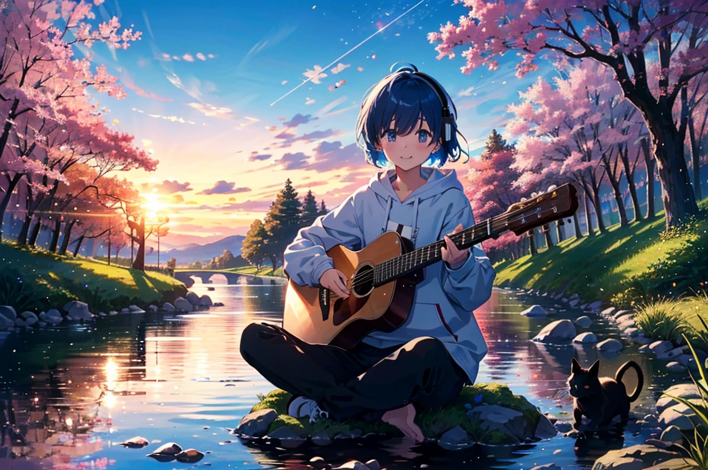 Absurd, High resolution,
relax time, Fantastical light particles, Lens flare,A big smile、Blue Hair、（Red headphones:1.4）、（White hoodie:1.2)、One girl、Sitting and playing guitar、（Wide angle of view:1.2）、(Shooting from a distance:1.2)、The river bank where the setting sun shines、One black cat、Cherry tree