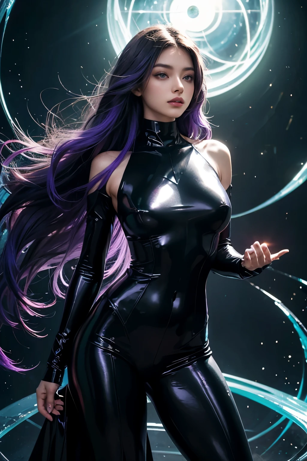 Masterpiece, best quality, 1girl, with long flowing iridescent hair in shades of purple, blue, and green, wearing a sleek black bodysuit, standing in a dramatic pose with one hand on her hip and the other holding a glowing, magical crystal ball. In the background, a swirling vortex of light and energy adds to the mysterious and enchanting atmosphere of the scene. glow hair, multicolor hair