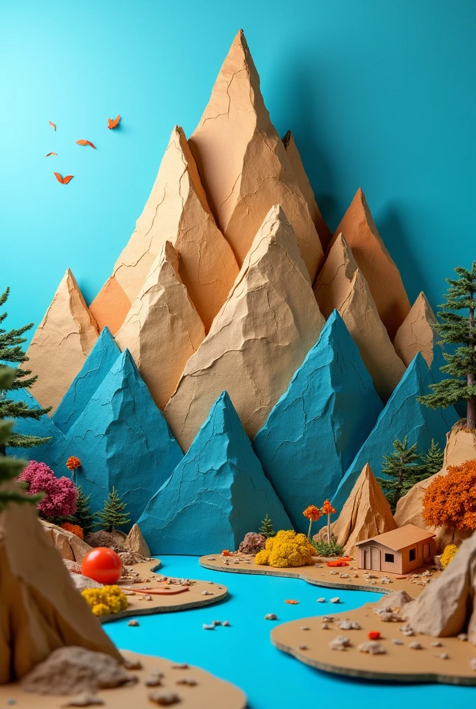 Make a mountain out of cardboard, have cut and paste, add color, Blue, mountain without house, Decorate by gluing cardboard to the mountain