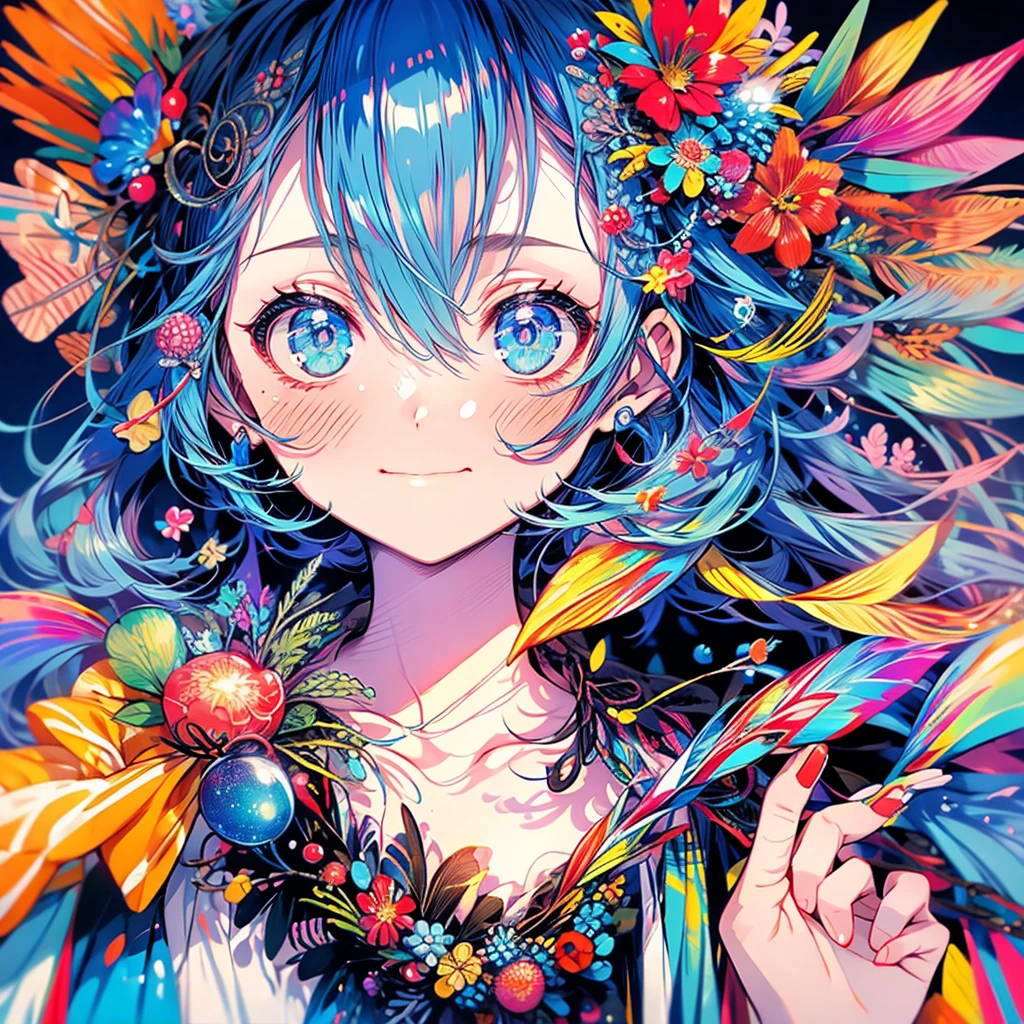 Masterpiece、Colorful Hair、Delicate eyes、smile、Tied up hair、Beautiful hair ornament、Upper Body、(((Embarrassed face)))、night、Ocean、firework