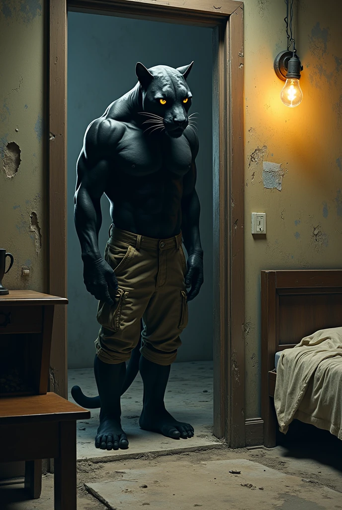 "A black panther with a muscular human-like body, exhausted and entering a shabby room inside a dilapidated home. The panther's body, covered in sleek black fur with defined muscles, shows clear signs of fatigue, and its head—marked by tired, bright yellow eyes—reflects weariness from a long day. The panther is wearing ragged work clothes that are slightly torn and dusty. The room inside the home is in poor condition, with cracked walls, broken furniture, and a bare, flickering light bulb hanging from the ceiling. The floor is covered in dirt and debris, and a single, worn-out bed with a thin blanket is pushed against one wall. The panther stands in the doorway, shoulders slumped, taking a deep breath as it prepares to finally rest."