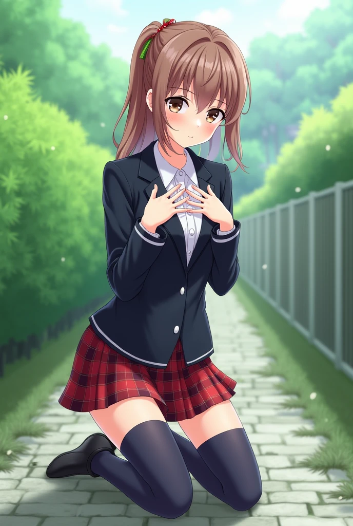 1girl, nakiri erina, kneeling, thighhighs, navy thighhighs, jacket, plaid skirt, hands on breasts, outdoors, anime_screencap_erina