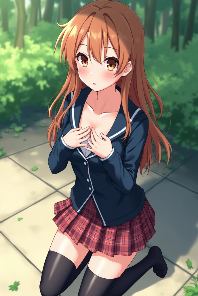 1girl, nakiri erina, kneeling, thighhighs, navy thighhighs, jacket, plaid skirt, hands on breasts, outdoors, anime_screencap_erina