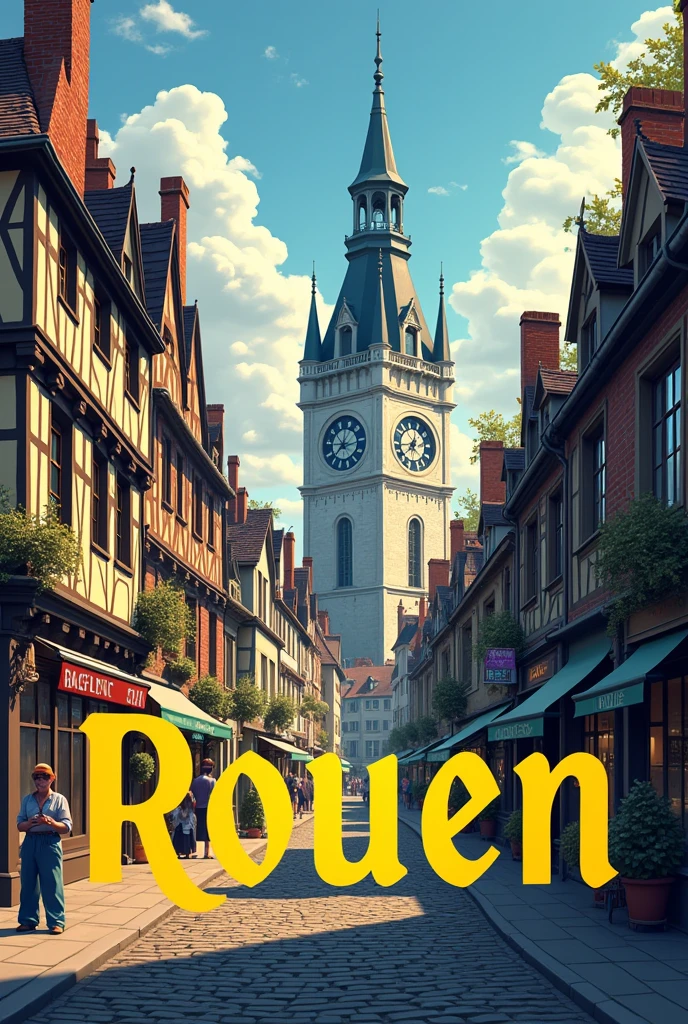 Image illustration of the rue du gros horloge in the city of Rouen in the background and an inscription "ROUEN" in yellow and black in the foreground