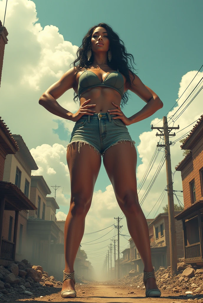 ((Solo girl )) ,Smiling Face :1.5 ,(( Full Body )) , ((Extremely delicate and beautiful girl)),(( Asian pretty Face )) ((huge 1.5)) ,, (((bare lower body))), (black Long hair 4.0 ), (Highly detailed photorealistic CG illustration), (8K ress ) , cinematic lighting, extremadamente detallado,vistoso,higher detail,(( Sexiest T-shirt and bikini )), ((fallout 4)), ((vault tec.)),(( ruined city ))