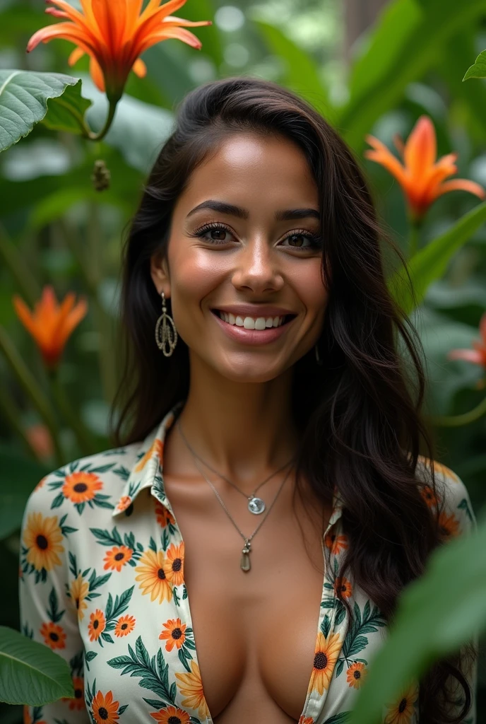 A Brazilian woman in a lush tropical garden, wearing an open shirt with a floral print, with a close-up capturing the harmonious beauty between her breasts and the natural flowers, showing off your natural charm and outgoing personality.