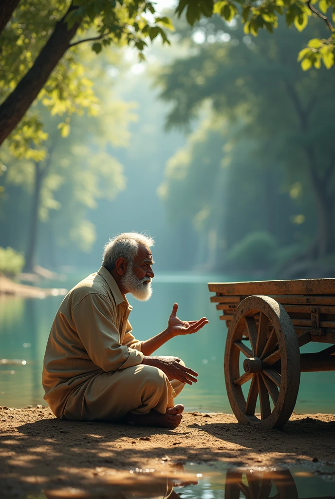 Raju sitting by the riverbank, deep in thought, pointing towards a wooden cart, explaining his plan.