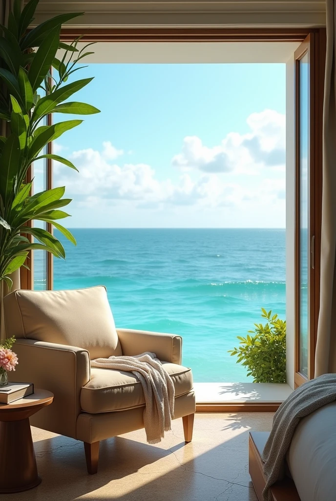 Draw a corner of a resort room with a blue ocean view