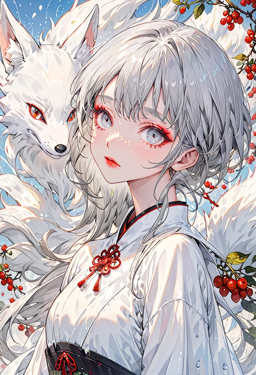 (Highest quality,Very detailed,High resolution:1.2),1 slim albino girl,Giant white fox,Gray-haired berry shorthair,gray bangs,very_Long eyelashes, Detailed lips, Cool look, Soft Skin, Shiny Hair,Exquisite makeup,Face up、sunny rain