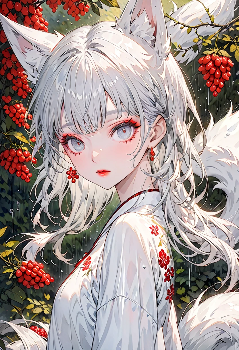 (Highest quality,Very detailed,High resolution:1.2),1 slim albino girl,Giant white fox,Gray-haired berry shorthair,gray bangs,very_Long eyelashes, Detailed lips, Cool look, Soft Skin, Shiny Hair,Exquisite makeup,Face up、sunny rain